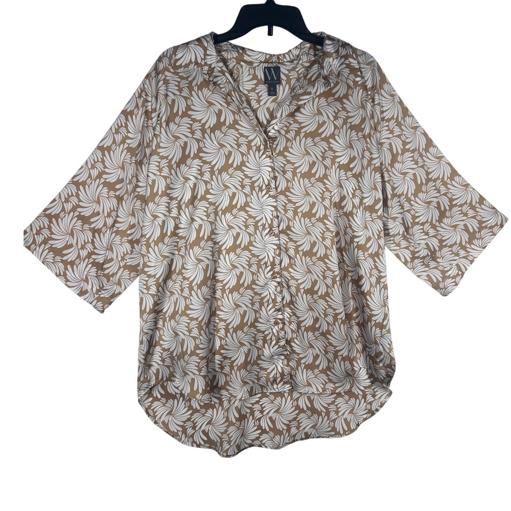 Worthington Button Down Shirt XL Tan Geometric 3/4 Sleeve‎ Collared NWT